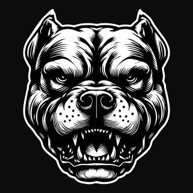 Dark Art Pitbull Dog Head Black and White Illustration clipart