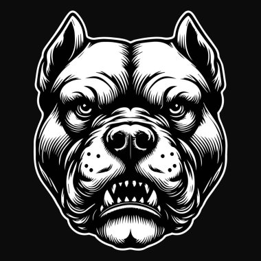 Kara Sanat Pitbull Köpek Başı Siyah ve Beyaz Görüntü