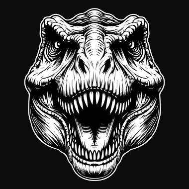 Karanlık Sanat Korkunç Kızgın Canavar Tyrannosaurus Rex Kafası Keskin Diş Siyah ve Beyaz Görüntü