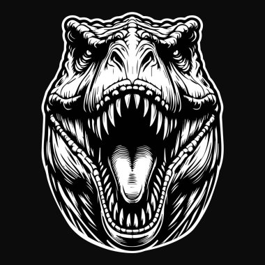 Karanlık Sanat Korkunç Kızgın Canavar Tyrannosaurus Rex Kafası Keskin Diş Siyah ve Beyaz Görüntü