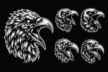 Keskin Gaga Siyah ve Beyaz Çizimleriyle Karanlık Sanat Korkutucu Kızgın Karga Kafası