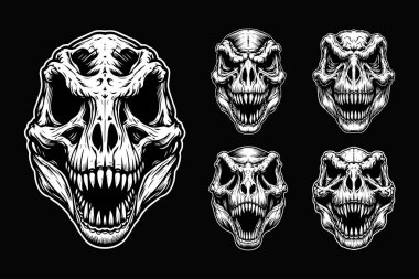 Kara Sanat Canavarı Tyrannosaurus Rex Kızgın Kafatası Siyah ve Beyaz Çizim