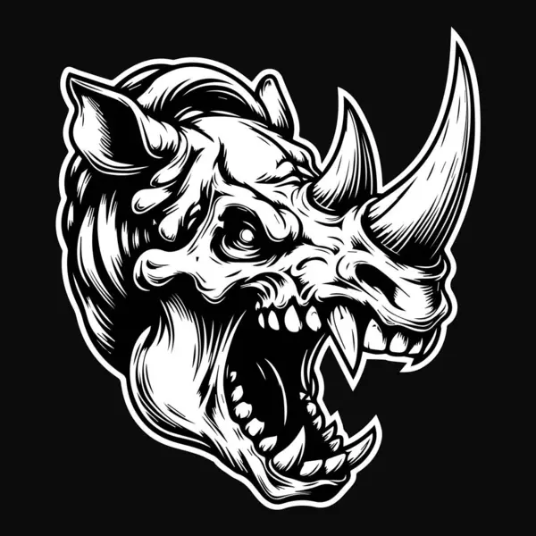 stock vector Dark Art Beast Rhino Skull Head with Sharp Fang and Horn Black and White Illustration