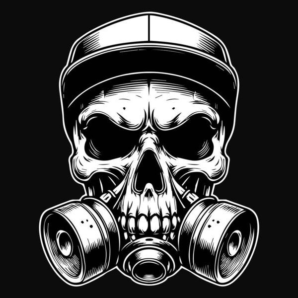 Dark Art Gangster Skull Head Use Gas Mask and Cap Hat Black and White Illustration