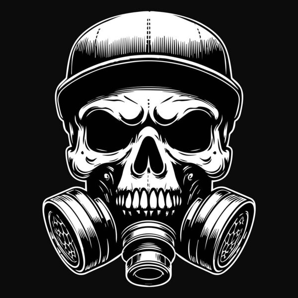 Dark Art Gangster Skull Head Use Gas Mask and Cap Hat Black and White Illustration