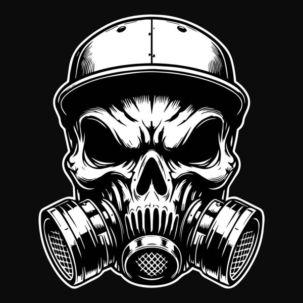 Тёмное искусство Череп гангстера использовать газовую маску и кепку Черно-белая иллюстрация