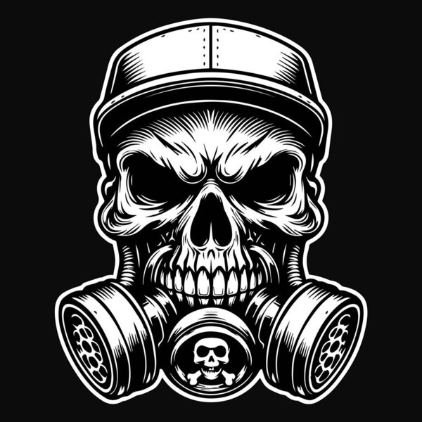 Dark Art Gangster Skull Head Use Gas Mask and Cap Hat Black and White Illustration