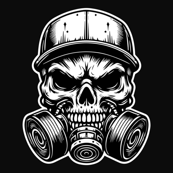Dark Art Gangster Skull Head Use Gas Mask and Cap Hat Black and White Illustration