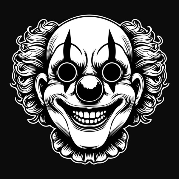 Dark Art Scary Smile Clown Head Black and White Illustration