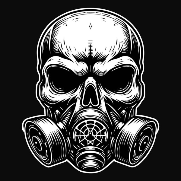 Dark Art Skull Skeleton Head Use Gas Mask Black and White Illustration