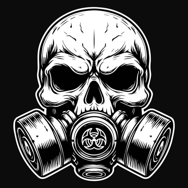Dark Art Skull Skeleton Head Use Gas Mask Black and White Illustration