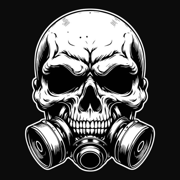 Dark Art Skull Skeleton Head Use Gas Mask Black and White Illustration