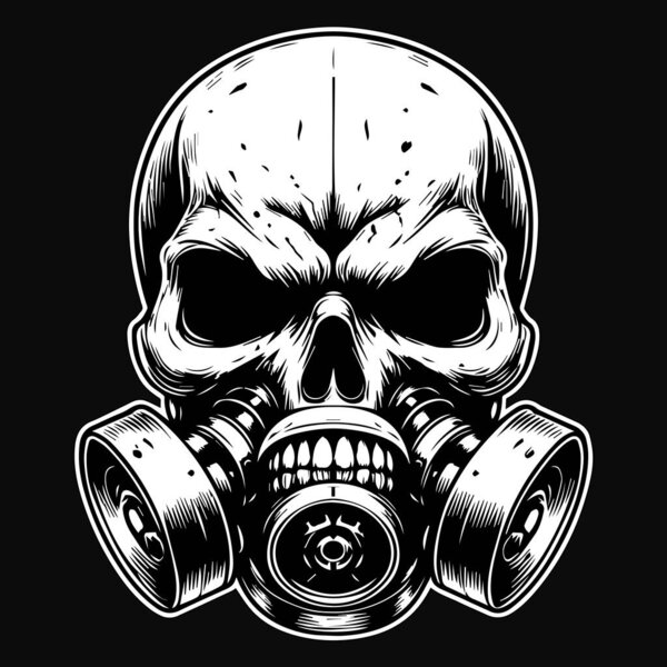 Dark Art Skull Skeleton Head Use Gas Mask Black and White Illustration