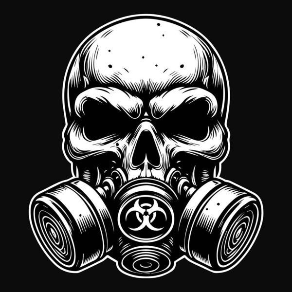 Dark Art Skull Skeleton Head Use Gas Mask Black and White Illustration