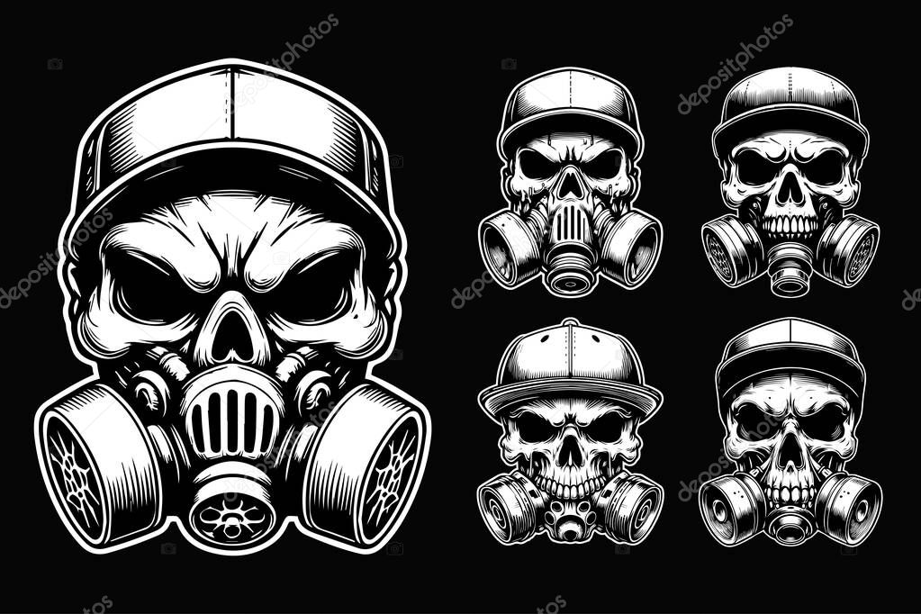 Dark Art Gangster Skull Head Use Gas Mask and Cap Hat Black and White Illustration
