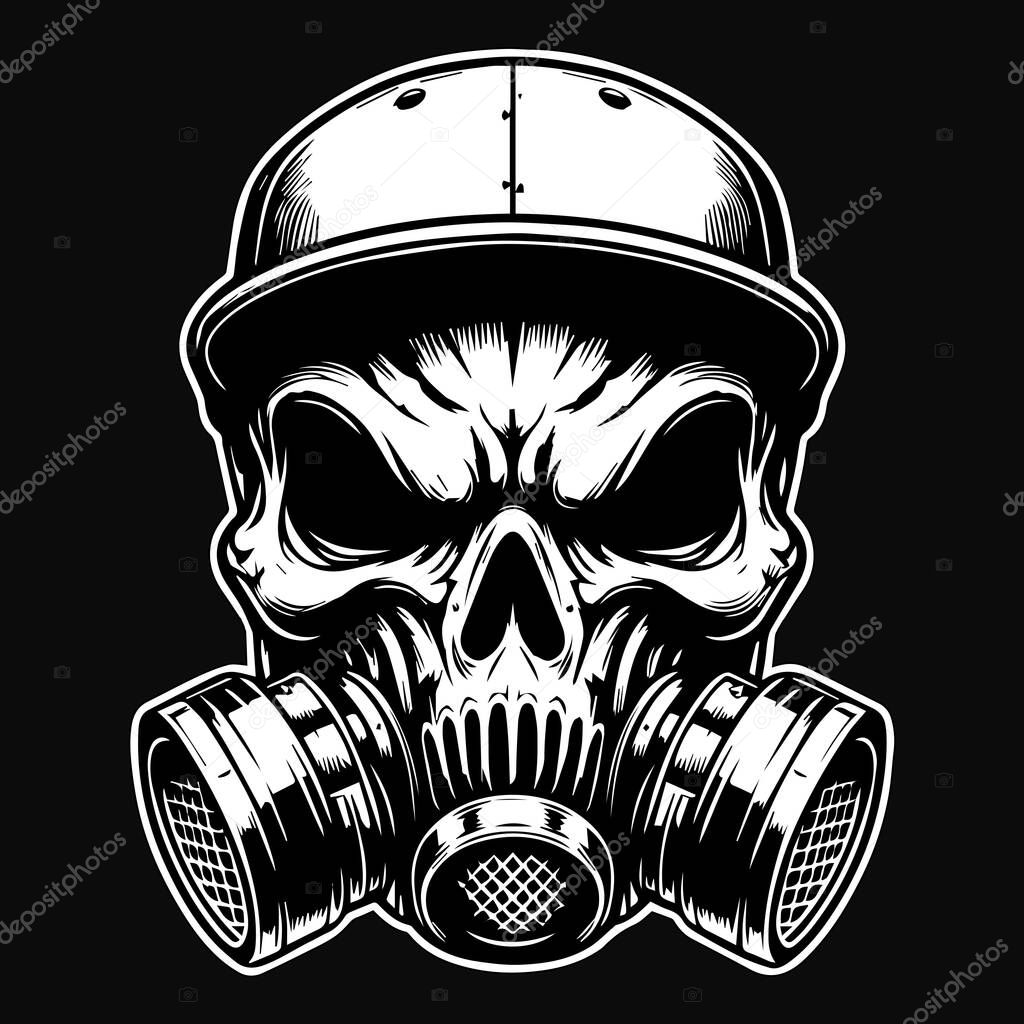 Dark Art Gangster Skull Head Use Gas Mask and Cap Hat Black and White Illustration