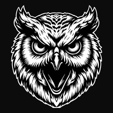 Karanlık Sanat Öfkeli Baykuş Başı Siyah ve Beyaz Çizim