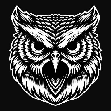 Karanlık Sanat Öfkeli Baykuş Başı Siyah ve Beyaz Çizim