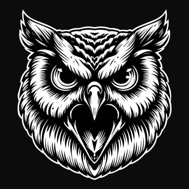 Karanlık Sanat Öfkeli Baykuş Başı Siyah ve Beyaz Çizim