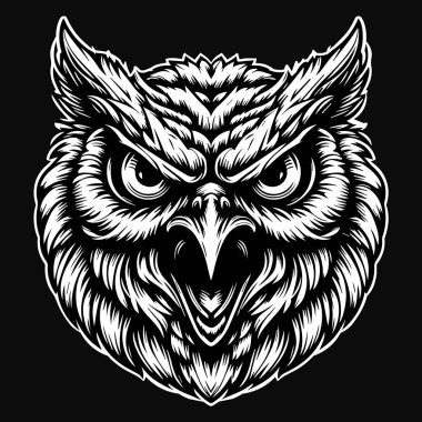 Karanlık Sanat Öfkeli Baykuş Başı Siyah ve Beyaz Çizim