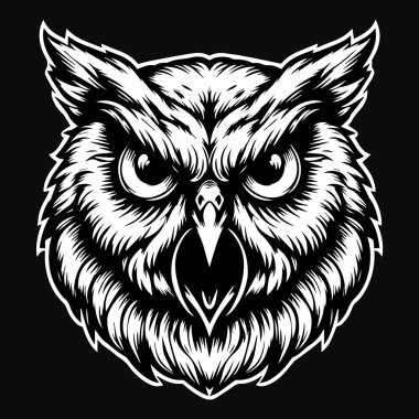 Karanlık Sanat Öfkeli Baykuş Başı Siyah ve Beyaz Çizim