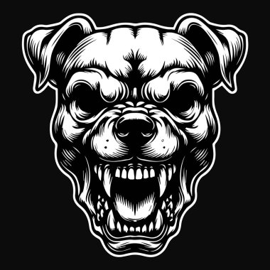 Karanlık Sanat Korkunç Pitbull Köpek Kafatası Siyah ve Beyaz Çizim