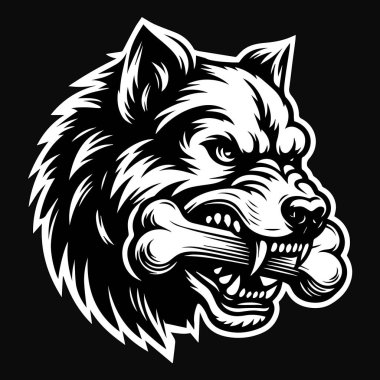 Kara Sanat Köpek Kafası Kemik Kemiği Isırdı Siyah ve Beyaz Görüntü