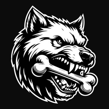 Kara Sanat Köpek Kafası Kemik Kemiği Isırdı Siyah ve Beyaz Görüntü