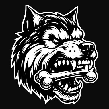 Kara Sanat Köpek Kafası Kemik Kemiği Isırdı Siyah ve Beyaz Görüntü