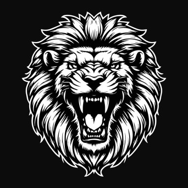 Kara Sanat Öfkeli Aslan Kafalı Kalın Kürklü Siyah ve Beyaz Resimli