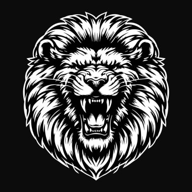 Kara Sanat Öfkeli Aslan Kafalı Kalın Kürklü Siyah ve Beyaz Resimli