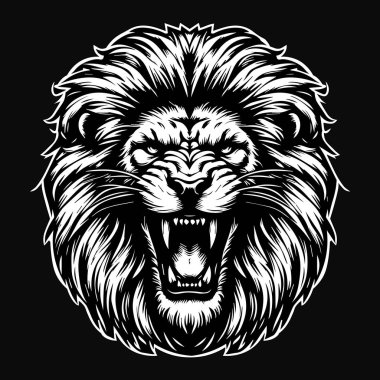 Kara Sanat Öfkeli Aslan Kafalı Kalın Kürklü Siyah ve Beyaz Resimli