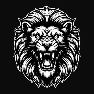 Kara Sanat Öfkeli Aslan Kafalı Kalın Kürklü Siyah ve Beyaz Resimli