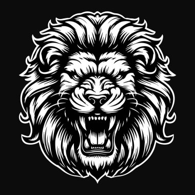 Kara Sanat Öfkeli Aslan Kafalı Kalın Kürklü Siyah ve Beyaz Resimli