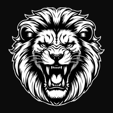 Kara Sanat Öfkeli Aslan Kafalı Kalın Kürklü Siyah ve Beyaz Resimli