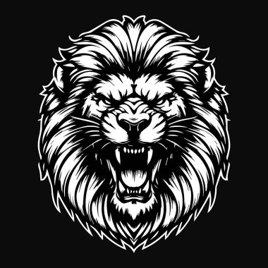 Kara Sanat Öfkeli Aslan Kafalı Kalın Kürklü Siyah ve Beyaz Resimli