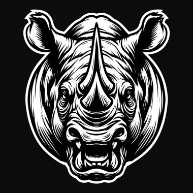 Kara Sanat Öfkeli Canavar Gergedan Başı Siyah-Beyaz Görüntü