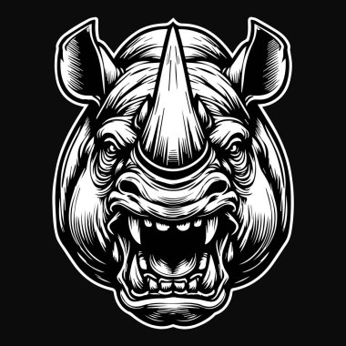 Kara Sanat Öfkeli Canavar Gergedan Başı Siyah-Beyaz Görüntü