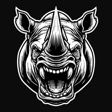 Kara Sanat Öfkeli Canavar Gergedan Başı Siyah-Beyaz Görüntü