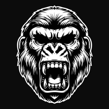 Koyu Sanat Öfkeli Goril Kafatası Keskin Dişleri Siyah ve Beyaz Resimli