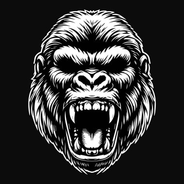 Koyu Sanat Öfkeli Goril Kafatası Keskin Dişleri Siyah ve Beyaz Resimli