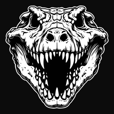 Koyu Sanat Canavarı Timsah Kafatası Keskin Isırık Siyah ve Beyaz Resimli