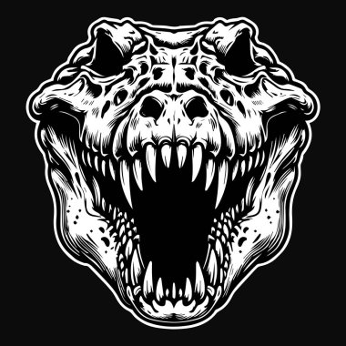 Koyu Sanat Canavarı Timsah Kafatası Keskin Isırık Siyah ve Beyaz Resimli