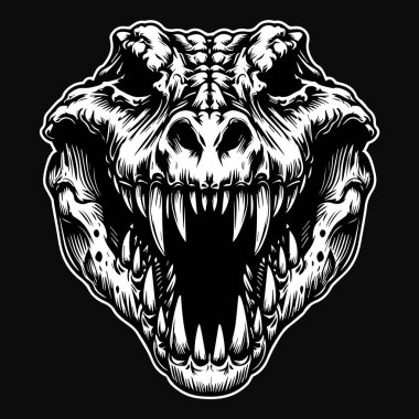 Koyu Sanat Canavarı Timsah Kafatası Keskin Isırık Siyah ve Beyaz Resimli