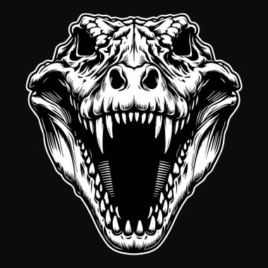 Koyu Sanat Canavarı Timsah Kafatası Keskin Isırık Siyah ve Beyaz Resimli