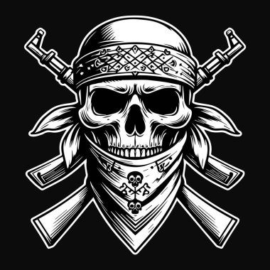 Kara Sanat Haydutu Kafatası Bandana Kafası Silah Siyah ve Beyaz Görüntü