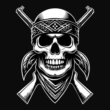 Kara Sanat Haydutu Kafatası Bandana Kafası Silah Siyah ve Beyaz Görüntü