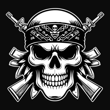 Kara Sanat Haydutu Kafatası Bandana Kafası Silah Siyah ve Beyaz Görüntü