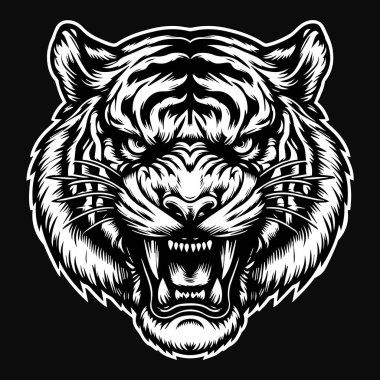Keskin dişli Kara Sanat Öfkeli Canavar Kaplan Kafalı Siyah ve Beyaz Görüntü