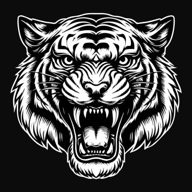 Keskin dişli Kara Sanat Öfkeli Canavar Kaplan Kafalı Siyah ve Beyaz Görüntü